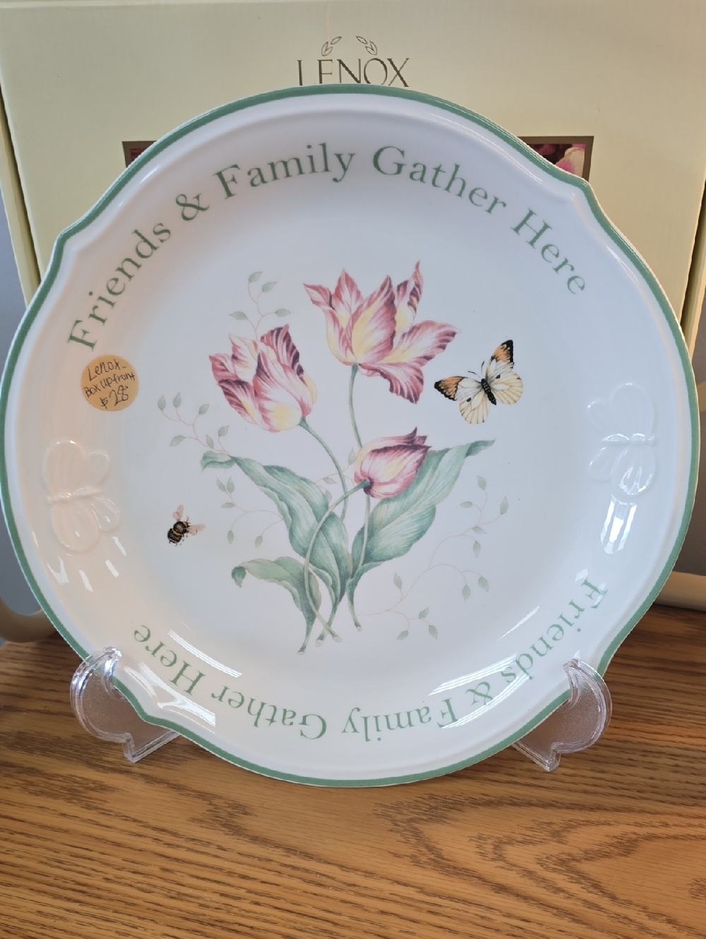 Lenox NIB Dessert Platter Flowers, Bee, Butterfly Friends & Family Gather Here